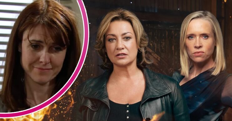 Publicity shot of Moira and Ruby on Emmerdale; inset, Emma Barton (Credit: ITV/Composite: ED!)