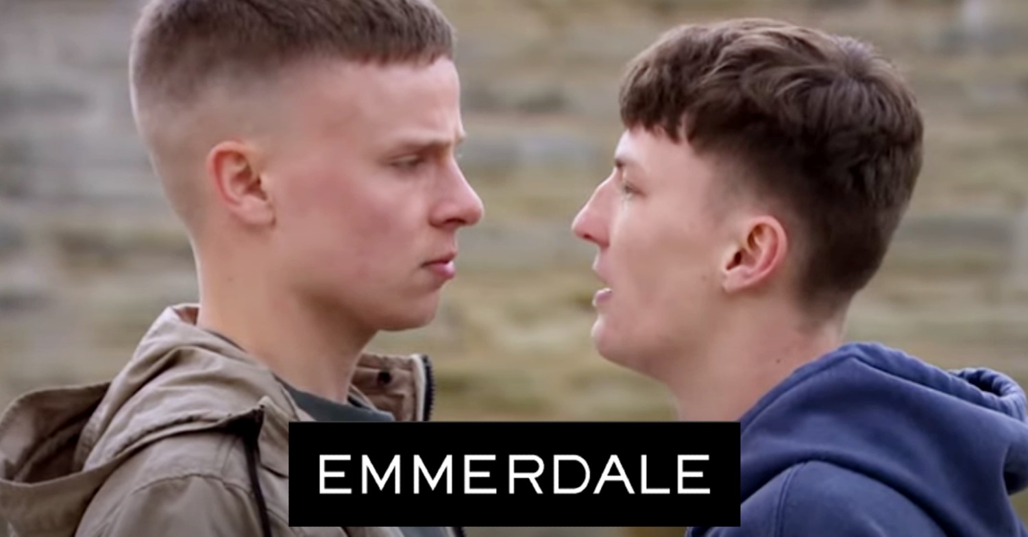 Samson and Josh mid-argument on Emmerdale, soap logo inset (Credit: ITV/YouTube/Composite: ED!)