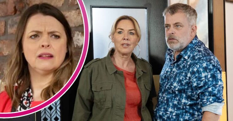 Steve and Cassie look shocked on Corrie; inset, Tracy looking angry (Credit: ITV/Composite: ED!)