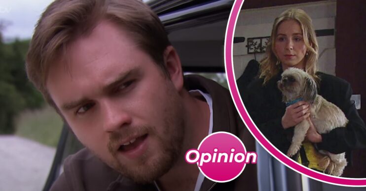 Tom leaning out a car and Belle with dog Piper in Emmerdale with ED! opinion badge