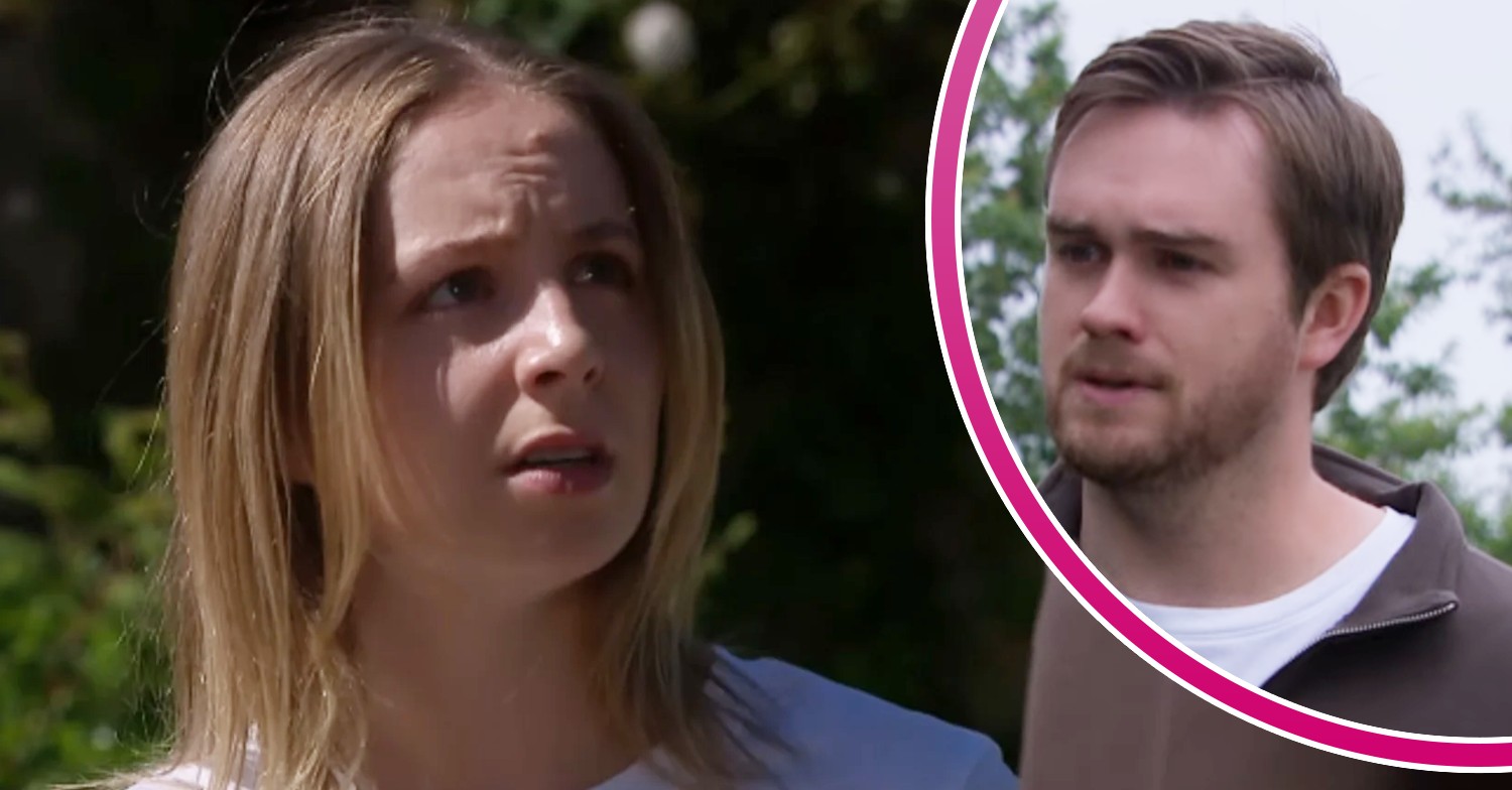 Belle looking shocked on Emmerdale; Tom King looks defensive, inset (Credit: ITV/Composite: ED!)