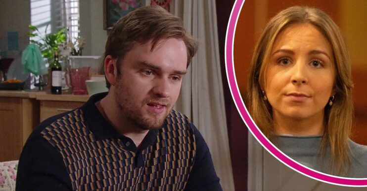 Tom looks creepy on Emmerdale; inset, Belle looking worried (Credit: ITV/Composite: ED!)