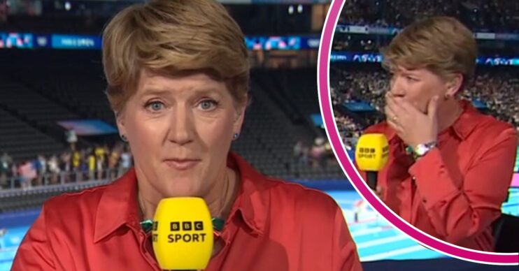 Clare Balding wearing red presenting the Olympics