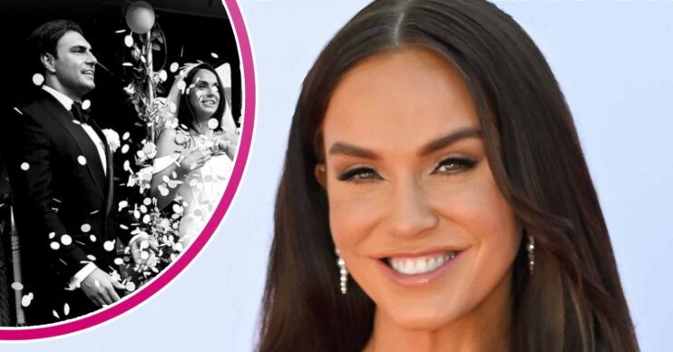 Vicky Pattison smiling and inset being covered in confetti
