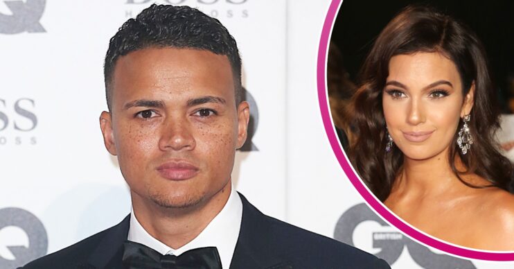 Jermaine Jenas looking straight faced and wife Ellie inset