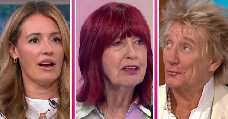 Cat Deeley with a shocked expression beside a frowning Janet Street-porter and a smirking Rod Stewart