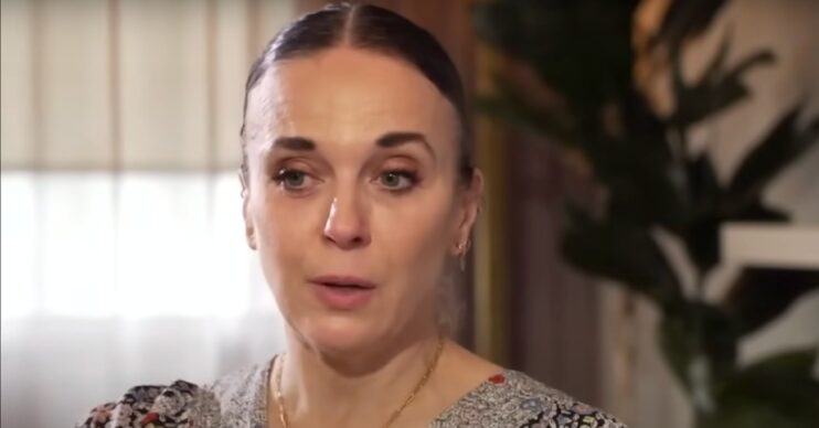 Amanda Abbington looking sad during an interview