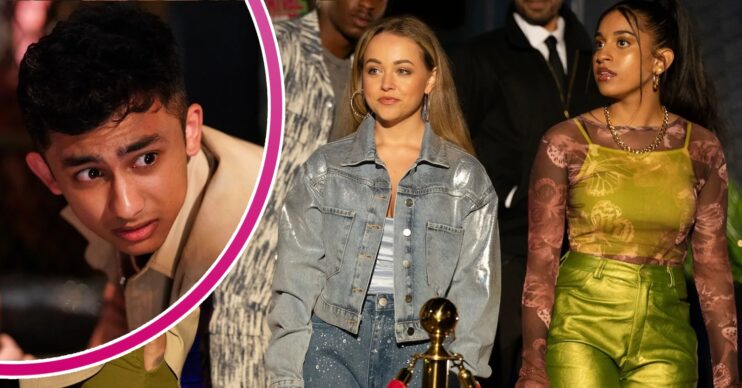 EastEnders' Amy and Avani at the club, and in a bubble is Nugget