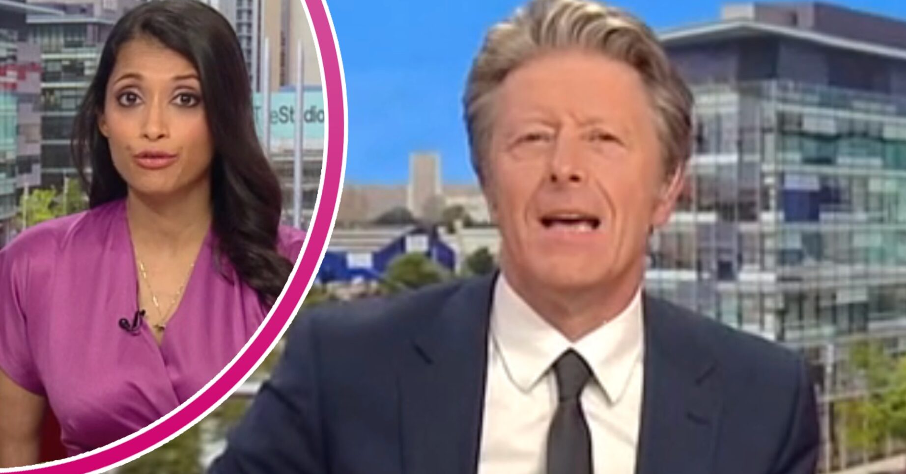 Luxmy Gopal with shocked expression beside Charlie Stayt talking on BBC Breakfast