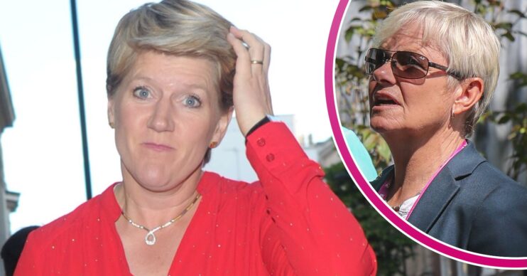 Clare Balding wearing a red top and wife Alice inset wearing sunglasses
