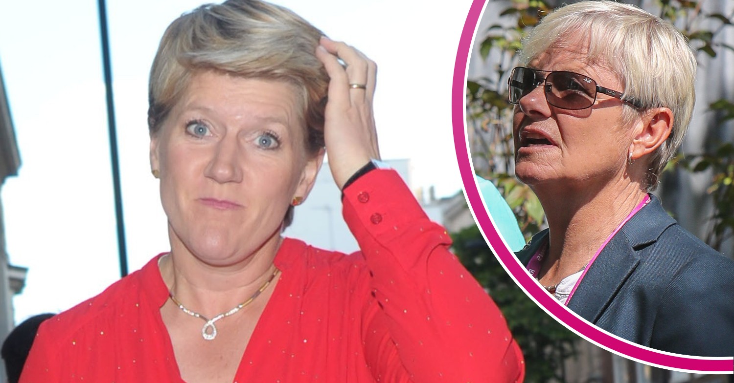 Clare Balding wearing a red top and wife Alice inset wearing sunglasses