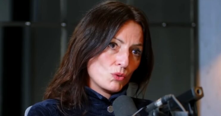 Davina McCall looking sad in a podcast