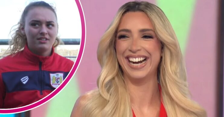 Ella Rutherford pulling a confused expression beside a beaming GK Barry