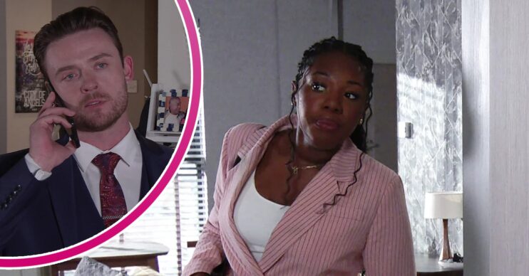 Dee-Dee looks suspicious at Joel in Corrie