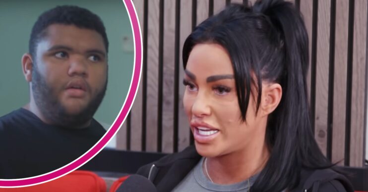 Harvey Price looking confused / Katie Price speaking