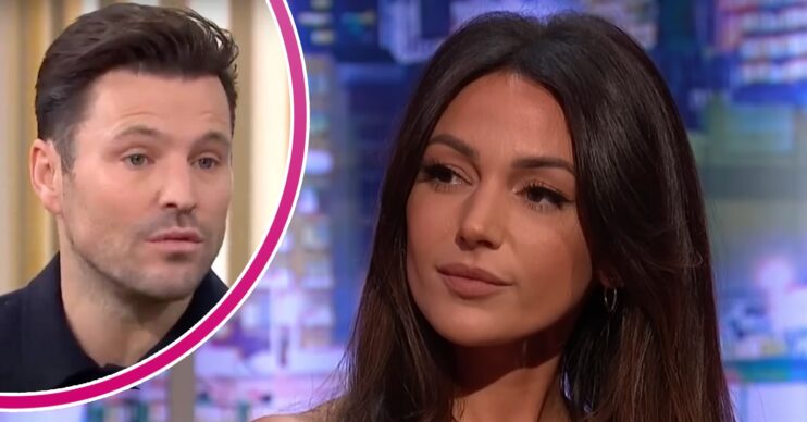 Mark Wright talking beside a straight-faced michelle keegan