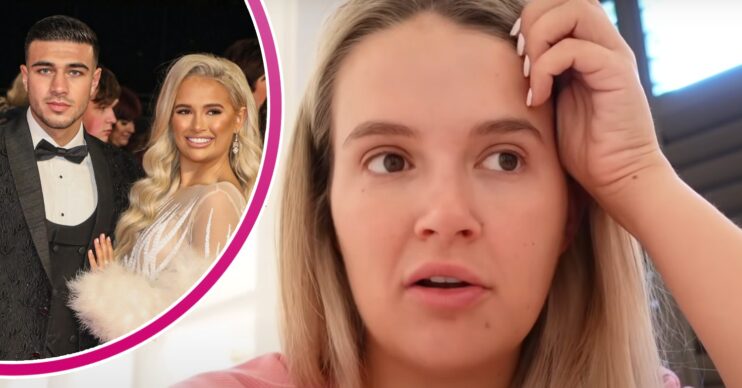 Molly-Mae Hague frowning beside a snap of herself and Tommy Fury