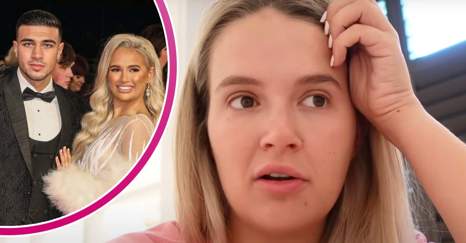 Molly-Mae Hague frowning beside a snap of herself and Tommy Fury