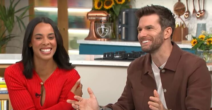 Rochelle Humes laughing and Joel Dommett smiling on This Morning