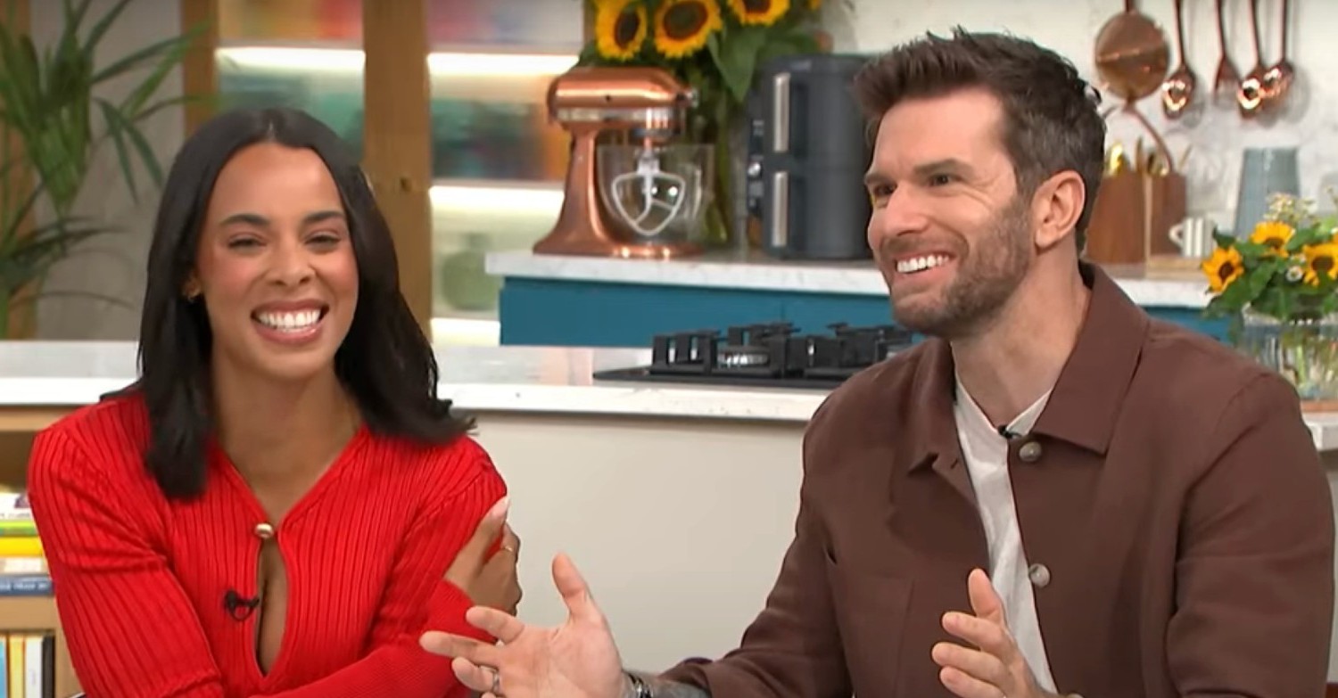 Rochelle Humes laughing and Joel Dommett smiling on This Morning