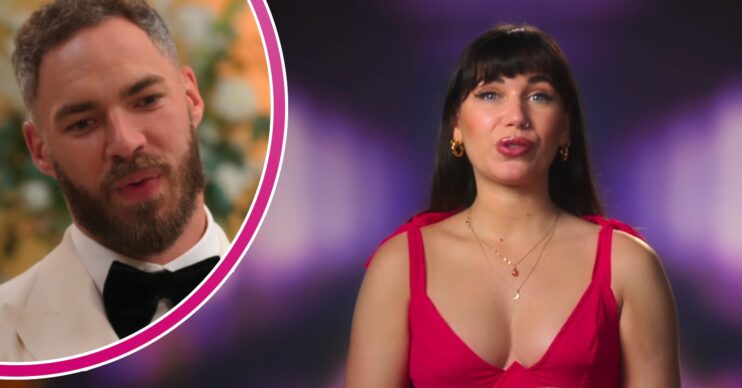 Steven in a white tux / Sabrina in a red dress speaking to camera on Love is Blind UK