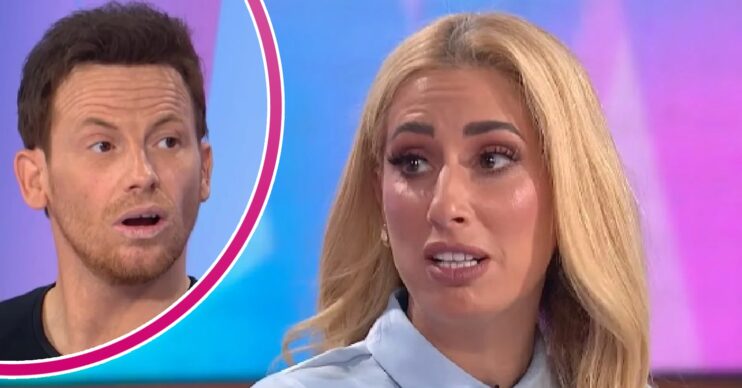 Joe Swash with a shocked expression beside a frowning Stacey Solomon