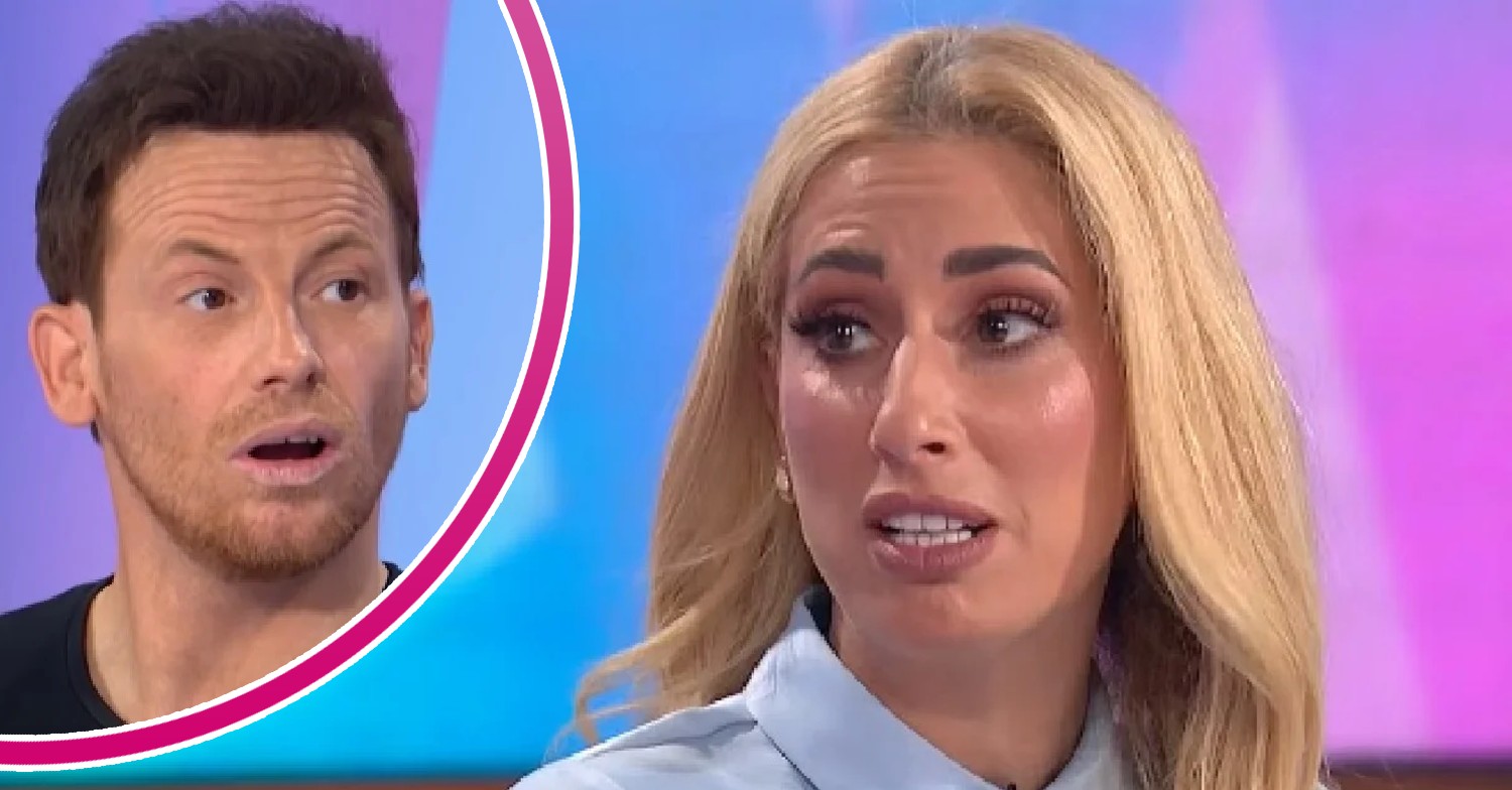 Joe Swash with a shocked expression beside a frowning Stacey Solomon