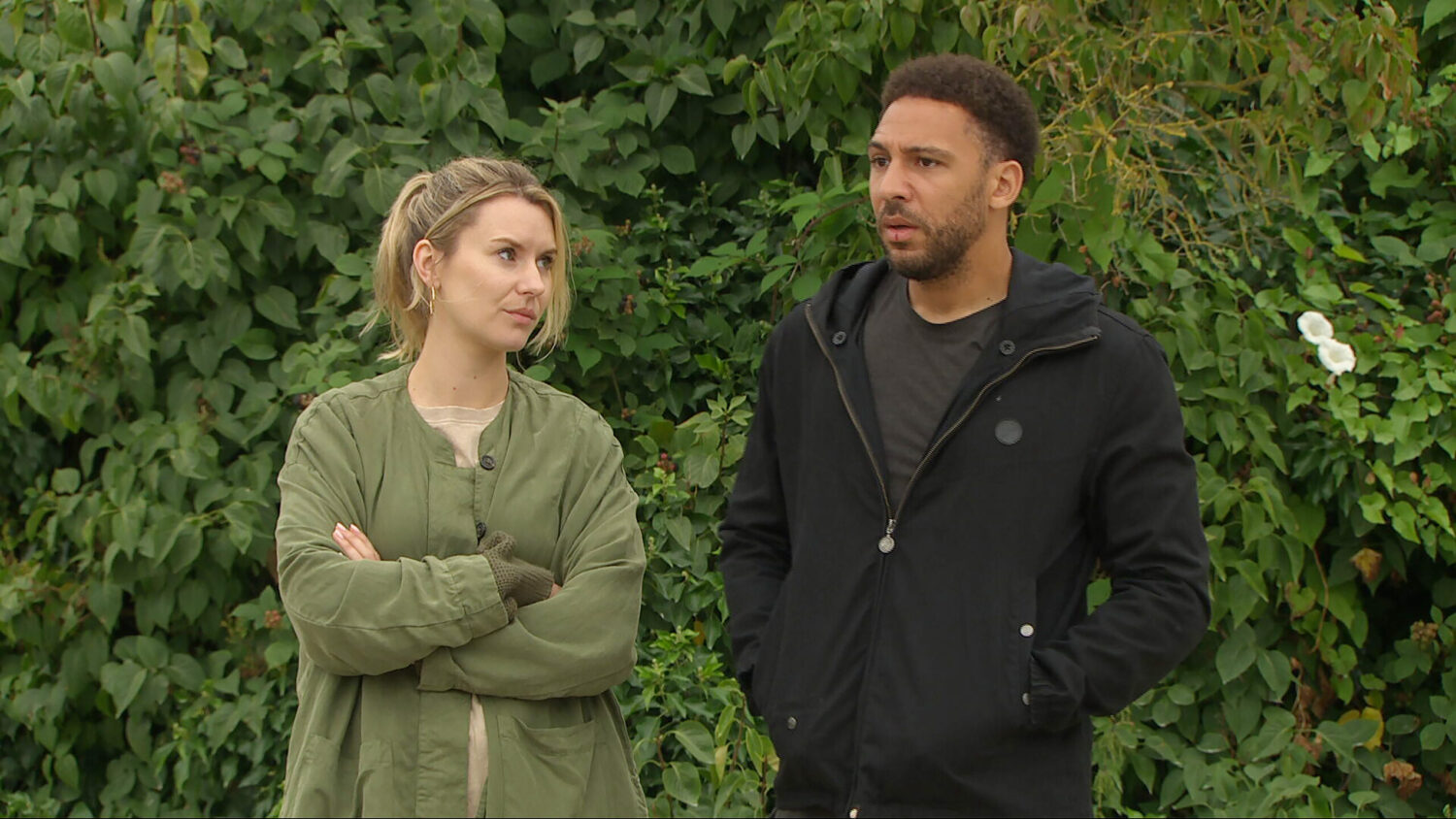 Emmerdale's Dawn and Billy are standing outside