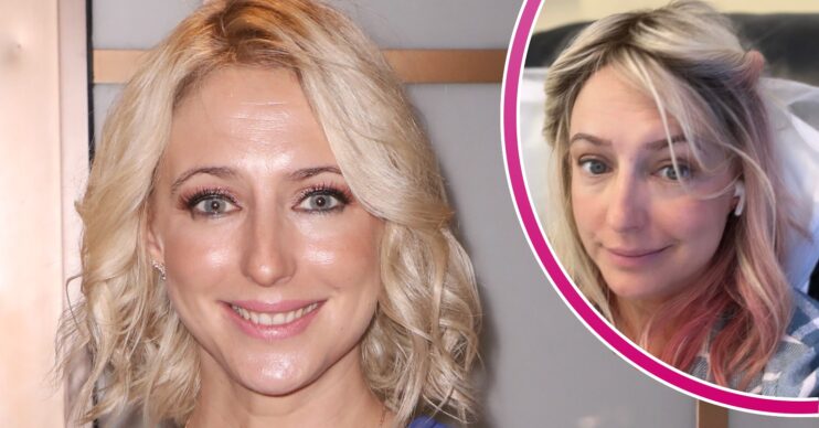 Ali Bastian smiling and inset looking pensive in hospital