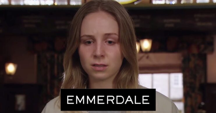 Belle looks tormented on Emmerdale; inset, soap logo (Credit: ITV/Composite: ED!)