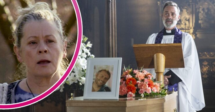 Billy standing over Paul's coffin on Corrie; inset, Bernie (Credit: ITV/Composite: ED!)