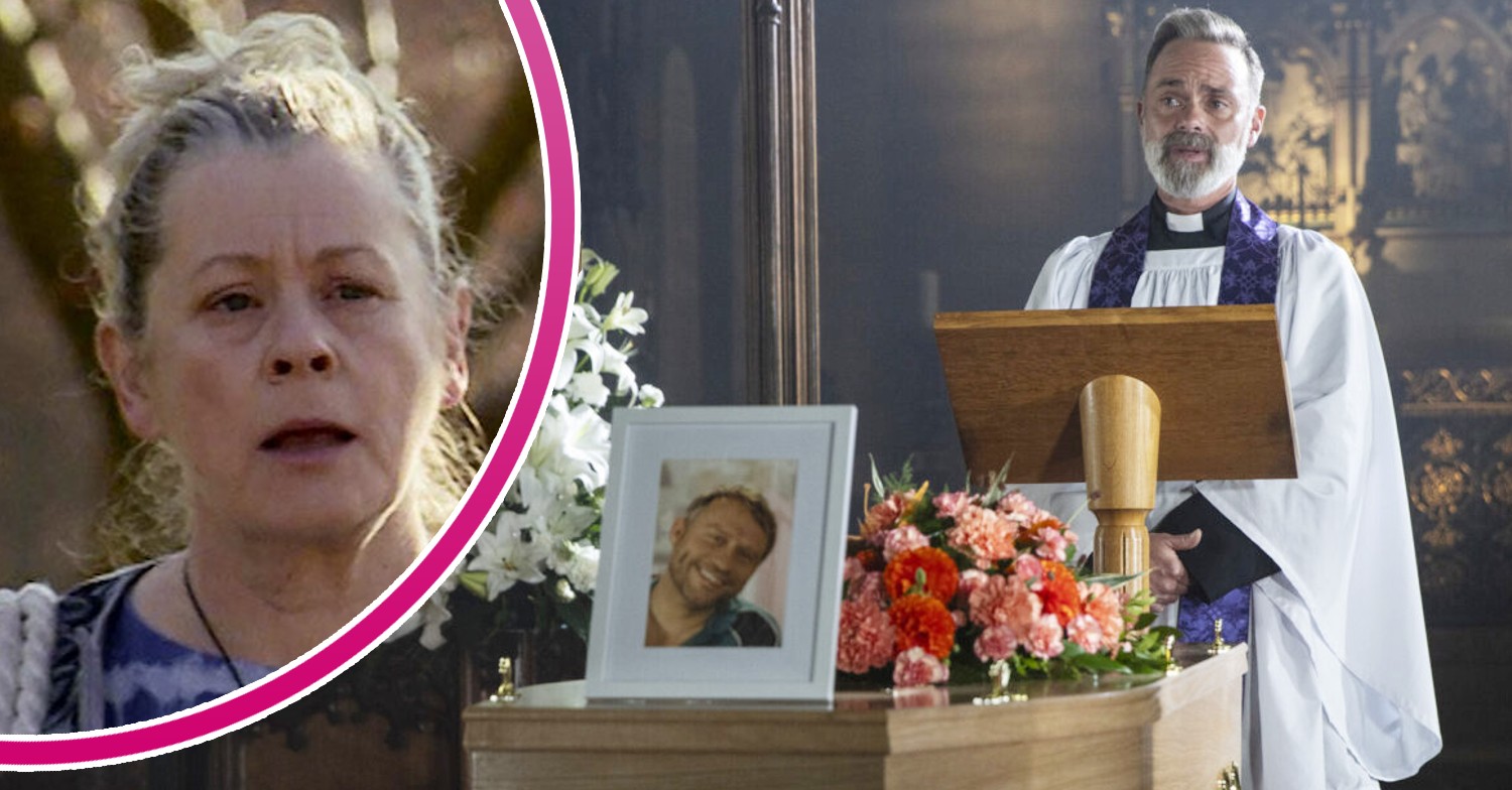 Billy standing over Paul's coffin on Corrie; inset, Bernie (Credit: ITV/Composite: ED!)