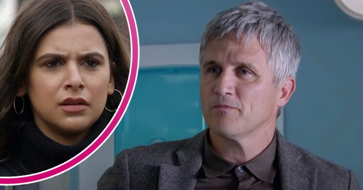 Caleb looks shifty on Emmerdale; inset, Meena Jutla glaring (Credit: ITV/Composite: ED!)