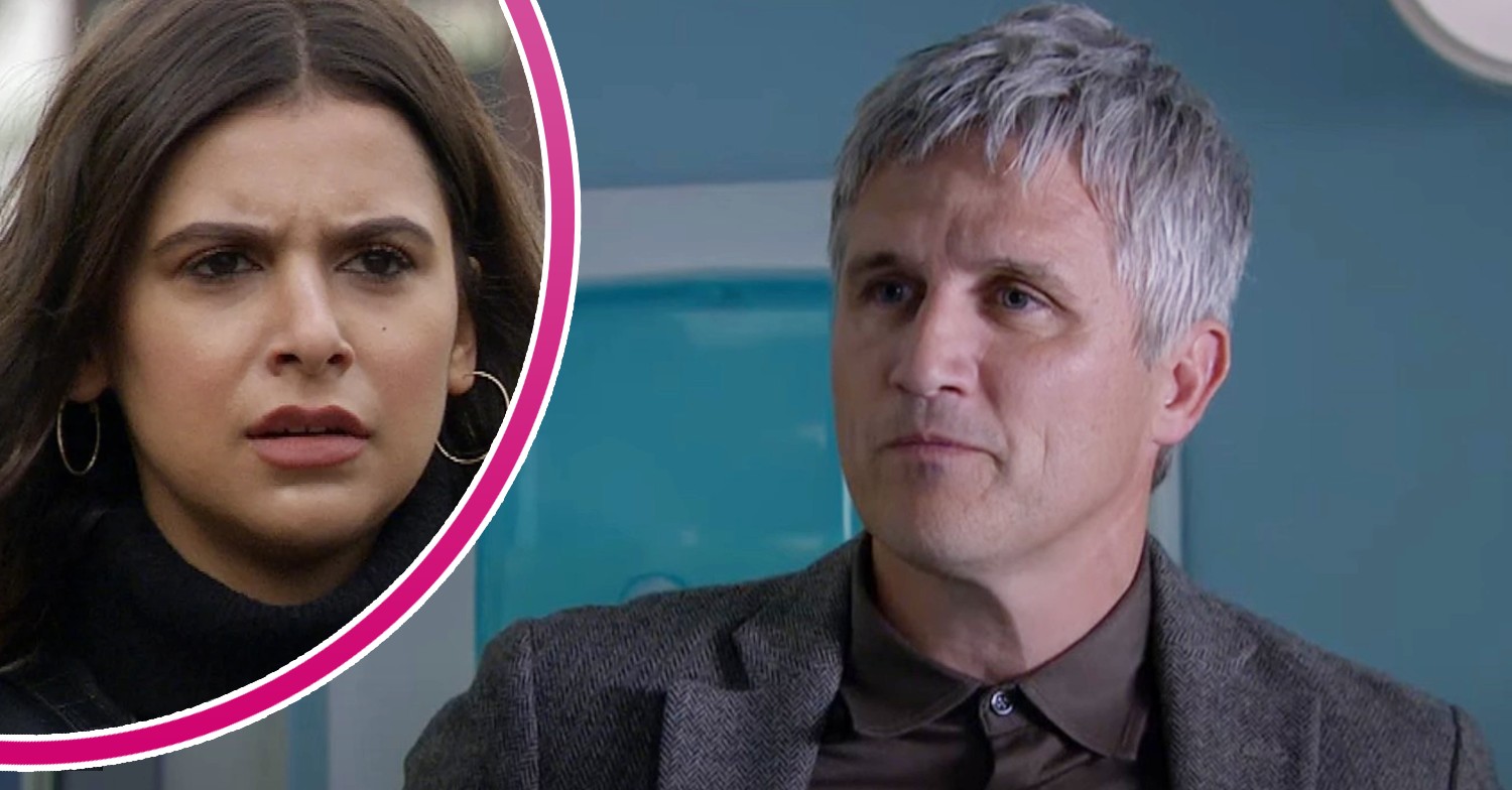 Caleb looks shifty on Emmerdale; inset, Meena Jutla glaring (Credit: ITV/Composite: ED!)
