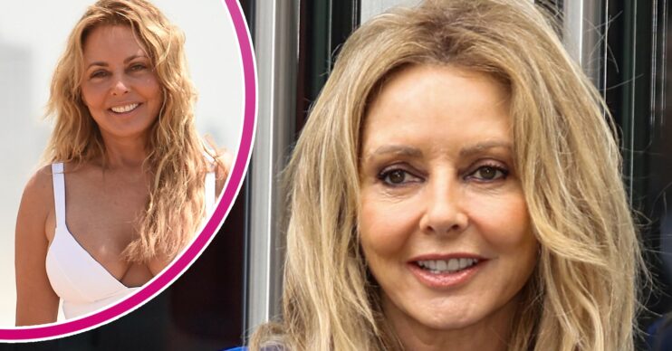 Carol Vorderman in a white swimsuit and blue jumpsuit
