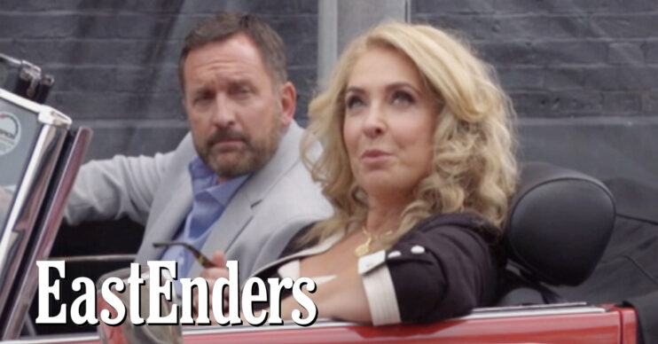 EastEnders' Jake Moon and Chrissie Watts in a car, the EastEnders logo
