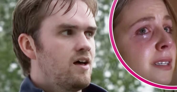 Emmerdale's Tom, and in a bubble is a teary Belle