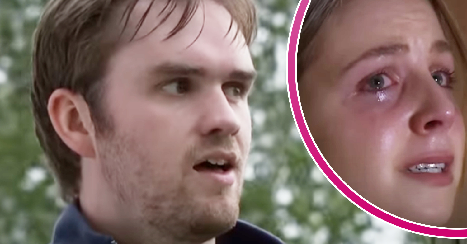 Emmerdale's Tom, and in a bubble is a teary Belle