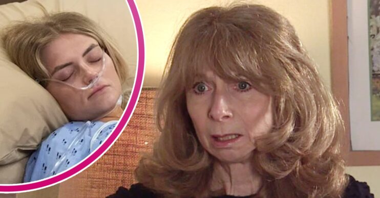 Gail looks shocked on Corrie; inset, Bethany in a hospital bed (Credit: ITV/Composite: ED!)