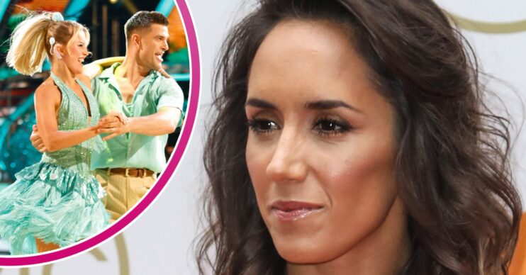 Janette Manrara looking wistful with Tasha Ghouri and Aljaz Skorjanec dancing inset