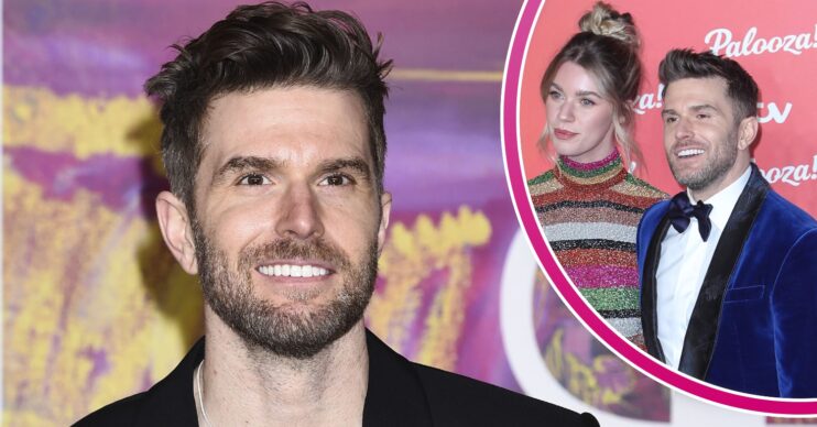 Joel Dommett smiling at the BRIT Awards and with wife Hannah at ITV Palooza