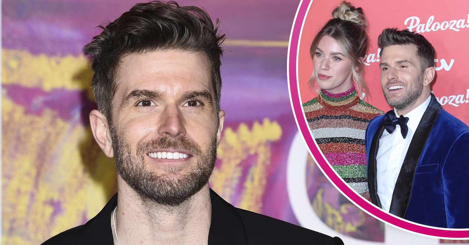 Joel Dommett smiling at the BRIT Awards and with wife Hannah at ITV Palooza