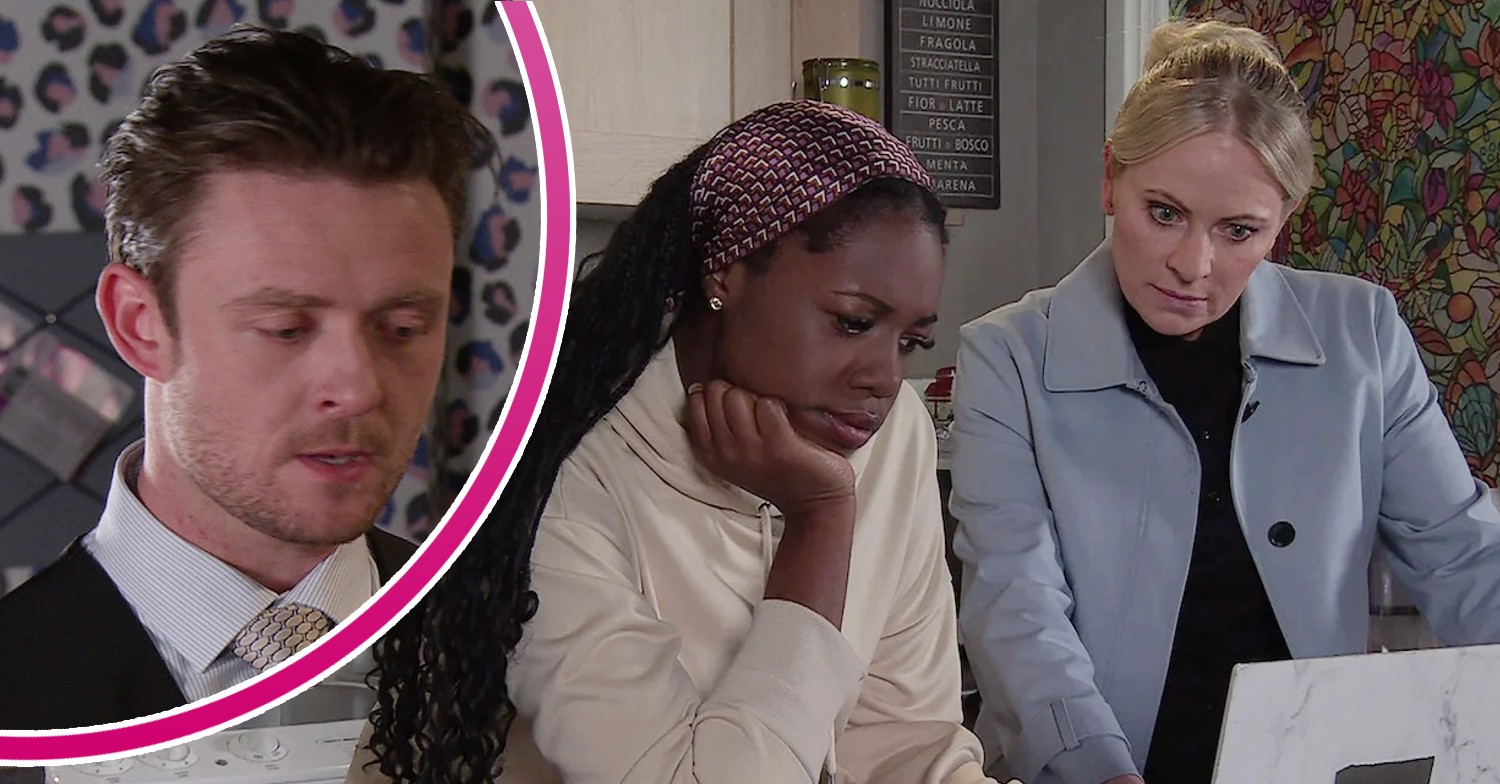 Lisa and Dee-Dee look at a computer on Corrie; inset, Joel looking shady (Credit: ITV/Composite: ED!)