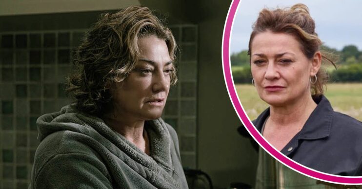 Moira looks upset on Emmerdale; inset, looking worried on the farm (Credit: ITV/Composite: ED!)