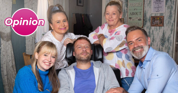 Coronation Street's Paul and family, a pink opinion bubble
