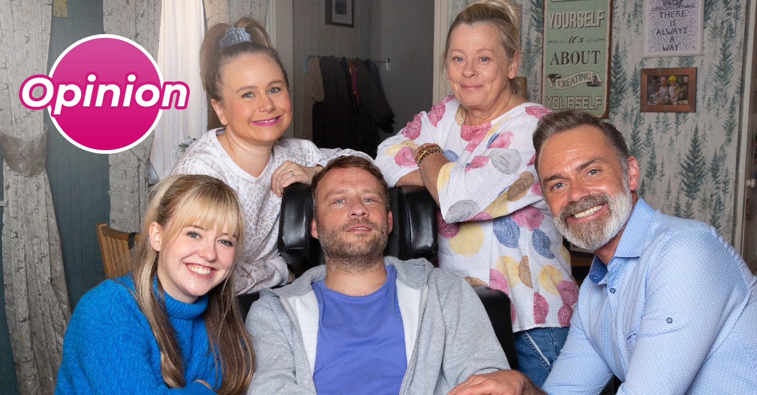 Coronation Street's Paul and family, a pink opinion bubble