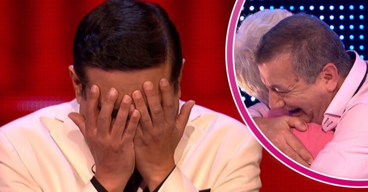 Paul Sinha with his head in his hands and Ian and Karen on The Chase