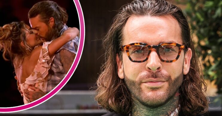 Pete Wicks looking straight to camera and dancing with Jowita on Strictly inset