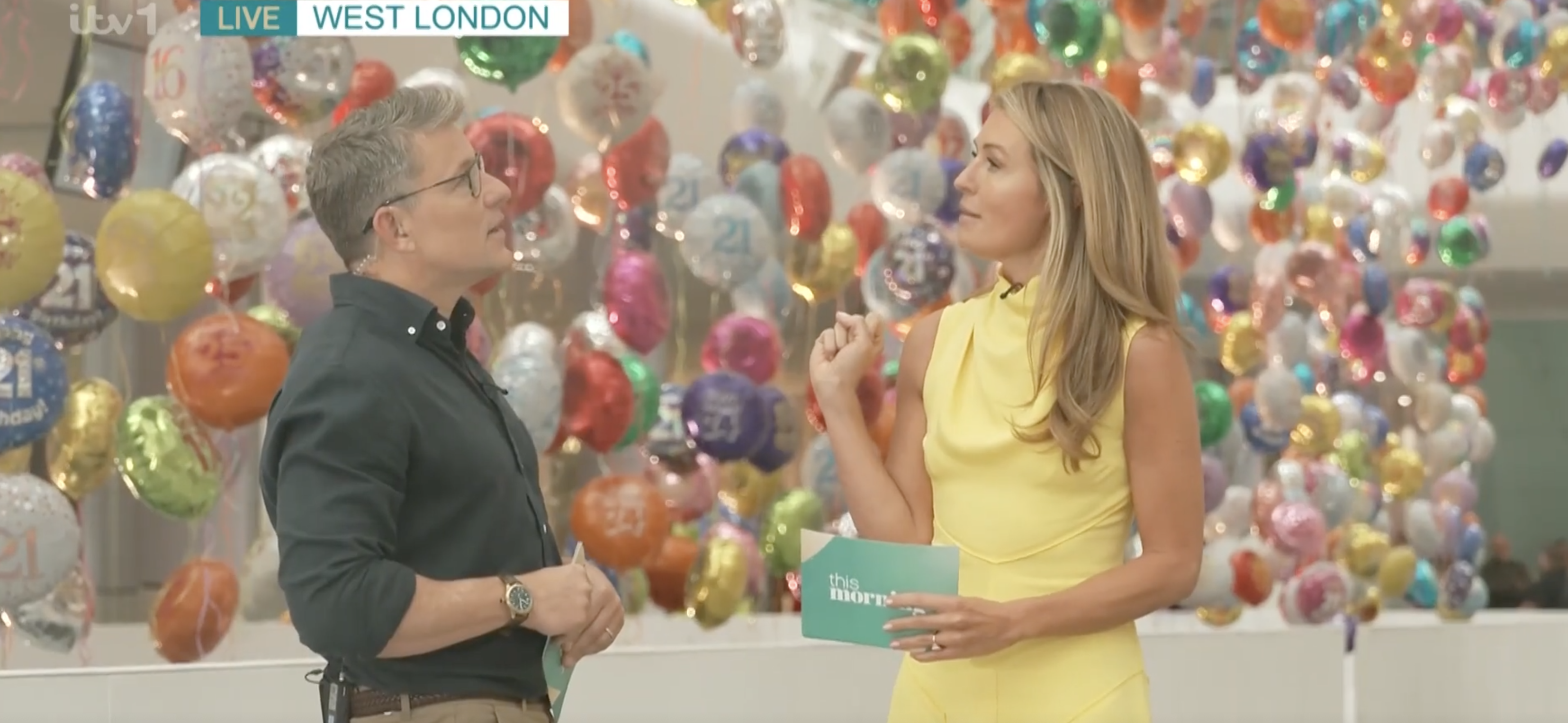 Ben Shephard and Cat Deeley surrounded by balloons on This Morning
