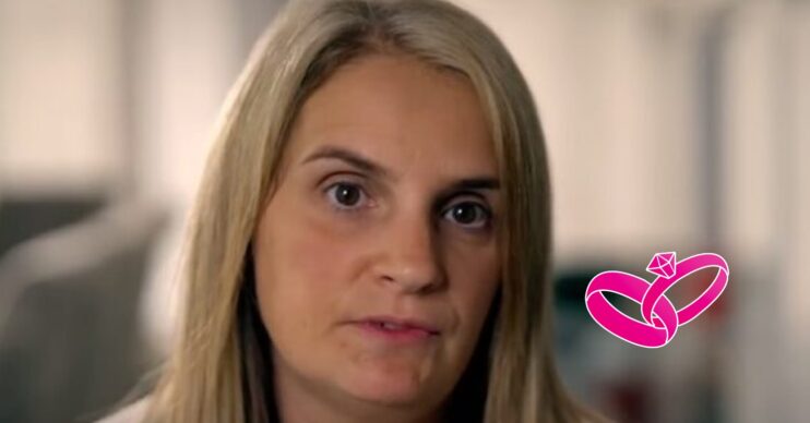 Sue Radford looking worried next to a wedding ring emoji